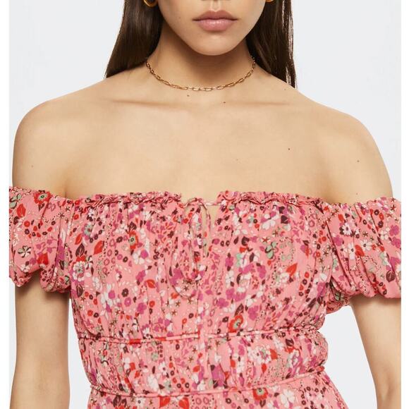 Mango Ruched off shoulder Floral Pink Boho Dress Slit Size 4 - Picture 2 of 11